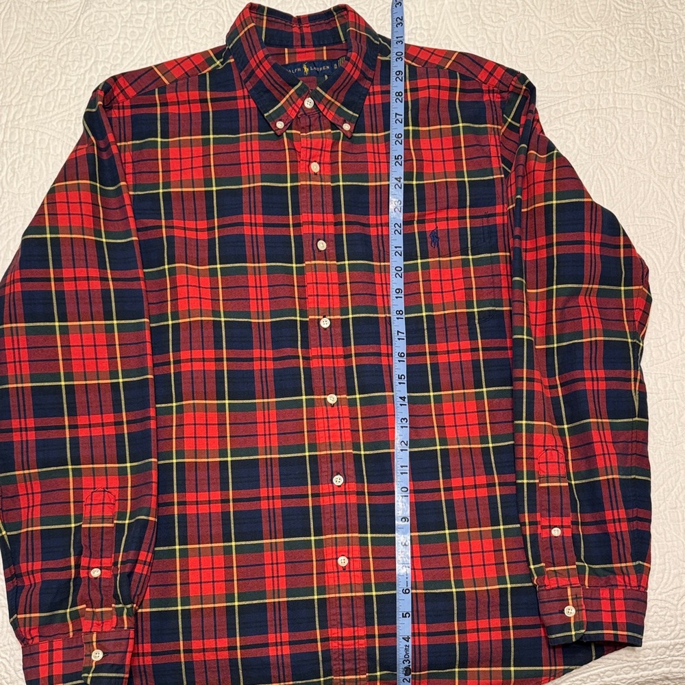Ralph Lauren Men's Red and Navy Plaid Shirt